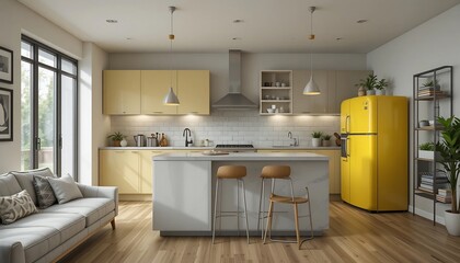 明るい黄色キッチン 洗練された空間 穏やかな光