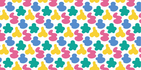 Vibrant Abstract Pattern with Repeating Organic Shapes in Teal, Yellow, Pink, and Blue on a White Background, Playful and Modern Design