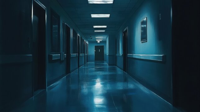 A quiet, empty hospital hallway with dark shadows and cold, clinical lighting