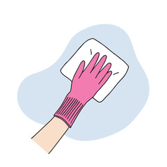 It is a scene where rubber gloves are worn to clean up and wiping with a mop. Hand motion vector design illustration related to cleaning