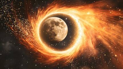 Naklejka premium Fiery Cosmic Vortex Around Moon