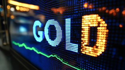 Digital display showing the word “GOLD” with a fluctuating green trend line, representing real-time market movement.