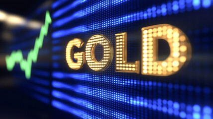 LED display showing the word “GOLD” with a rising green chart line, representing upward trends in gold market value.
