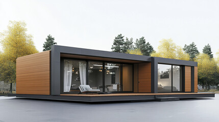 Modern prefabricated house with large windows in serene forest setting