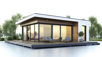 Fototapeta premium Modern prefabricated house with large windows and deck