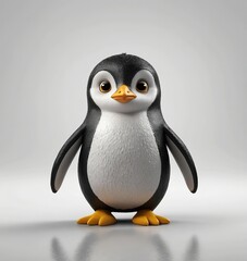 Charming 3D Cartoon Penguin Character with Expressive Eyes, Black and White Body, and Yellow Beak and Feet &ndash; Playful and Innocent Design on White Background"