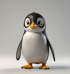 Charming 3D Cartoon Penguin Character with Expressive Eyes, Black and White Body, and Yellow Beak and Feet &ndash; Playful and Innocent Design on White Background"