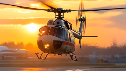 Close up view of a helicopter s spinning rotor blades silhouetted against a dramatic golden hued sunset sky over an urban landscape