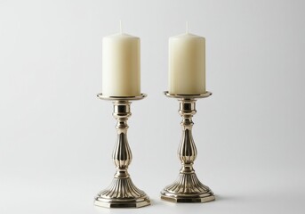 Two ivory candles stand elegantly in ornate silver candle holders against a white background