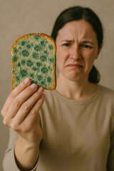 A person holding up a moldy slice of bread at arm's length, reacting with visible discomfort&mdash;ideal for health or food waste messages