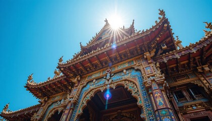 Naklejka premium 眩い日差し浴びる鮮やか寺院建築