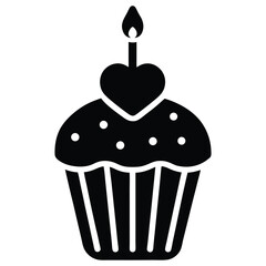 A cute and festive cupcake icon with heart shaped sprinkles and candle