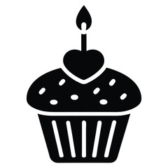 A cute and festive cupcake icon with heart shaped sprinkles and candle