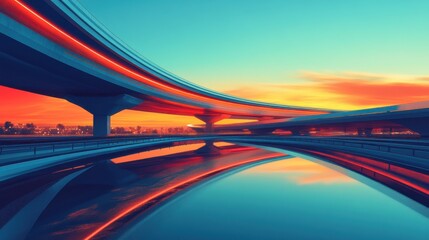 Obraz premium A stunning sunset reflection over modern highways, showcasing vibrant colors and sleek architecture in a serene landscape.