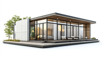 Modern prefabricated house with glass walls and wooden accents