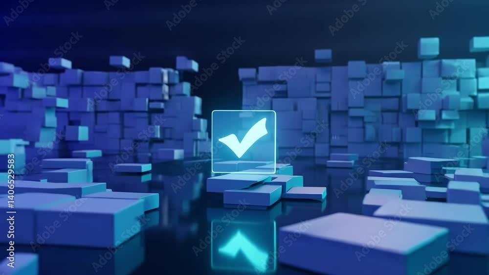Poster digital corridor of floating transparent blocks with glowing verification checkpoints