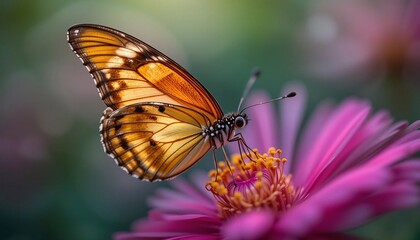 Fototapeta premium オレンジ色蝶々、ピンクの花の上で優雅に羽休め
