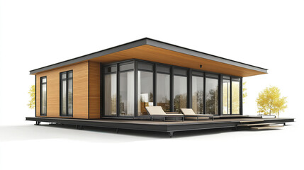 Modern prefabricated house with large windows and wooden exterior