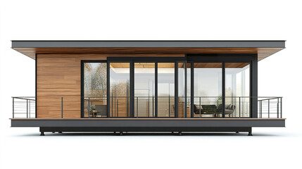 Fototapeta premium Modern prefabricated house with glass walls and wooden accents