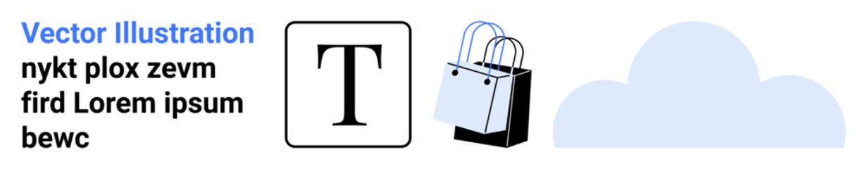 Cloud, black text square, and shopping bag convey themes of technology, shopping, digital content, online storage. Ideal for e-commerce, cloud computing, data security innovation virtual services