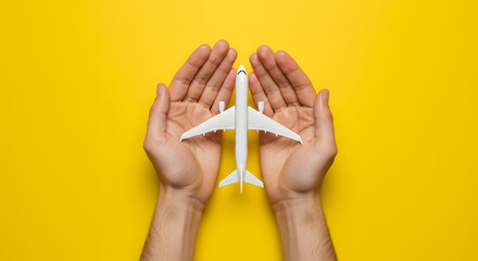 Travel and Logistics Concept with Hands Holding Airplane Model on Yellow Background. Air travel insurance concept. Air travel protection, flight safety.