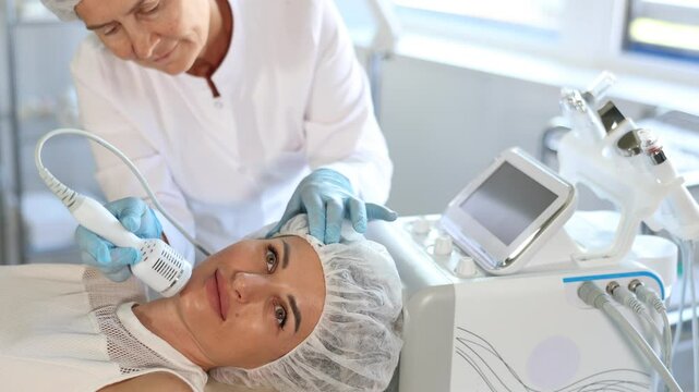 Young adult female patient receiving professional hardware facial procedure at beauty clinic using cooling attachment to alleviate inflammation, rejuvenate of skin and enhance complexion