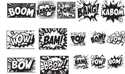 Comic book action words - kaboom, bang, boom, wow and pow in pop art style. Black and white retro speech bubbles, sound effects for superhero fight scenes, explosions, design vector illustration. © jobaida