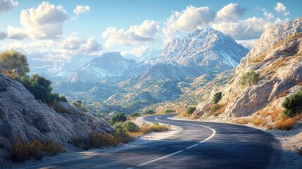 A scenic mountain road winds through stunning landscapes, with majestic peaks and fluffy clouds under a bright sky.