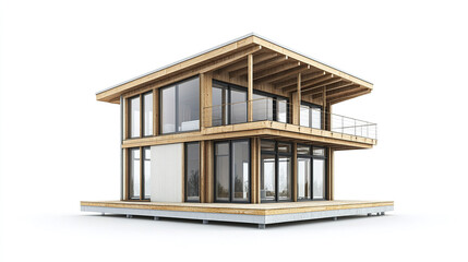 Modern prefabricated house with large windows and wooden exterior