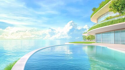 Fototapeta premium Modern waterfront villa with a pool and scenic sky reflections.