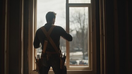 Carpenter fitting a window frame into place on a residential building. Featuring precision and craftsmanship