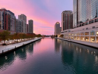 Obraz premium Chicago's architectural marvels are showcased in a breathtaking sunset panorama, a stunning urban scene - river USA commercial panorama impressive