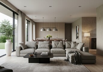 Obraz premium Interior view of a modern living room with a large sofa and dining area in the background space