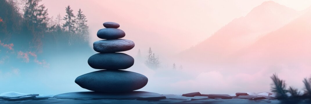 Stacked zen stones symbolize balance and tranquility in misty mountain setting during early morning hours
