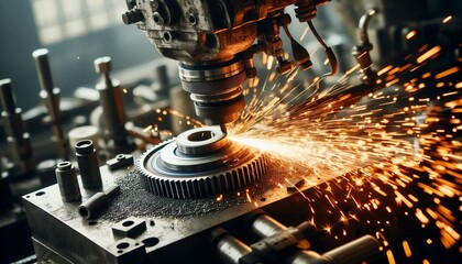 Industrial abrasion test on metal surface using mechanical machine, sparks flying