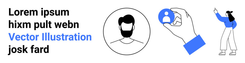 Human profile icon, hand holding avatar symbol, standing woman gesturing. Ideal for teamwork, recruitment, digital interaction, networking, user profiles, app design simple landing page