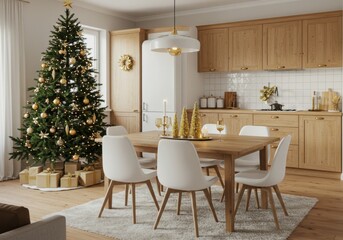 A christmas tree and dining table in a bright kitchen with wooden cabinets and white appliances