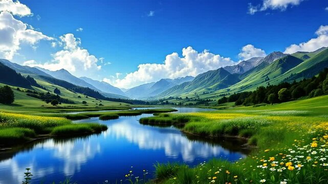 Calm River Flowing Through a Green Valley with Peaceful Natural Landscape