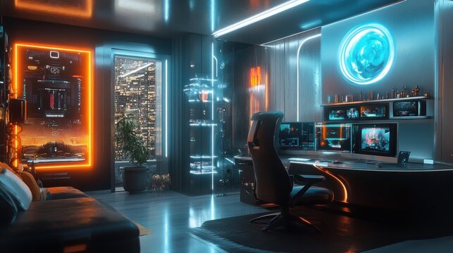 Futuristic Gaming Room: Neon Lights and Cityscape Views