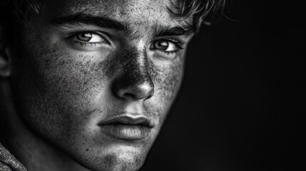 Obraz premium Close-up grayscale portrait of a young man with freckles