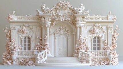 Naklejka premium Ornate structure with detailed columns, molding, stairs and floral accents