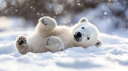 Captivating portrait of a playful polar bear cub enjoying a snowy winter day