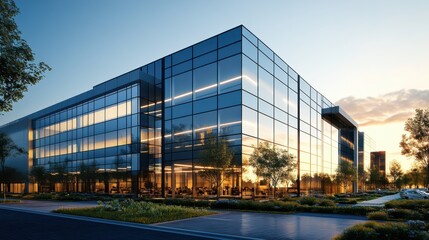 Fototapeta premium A modern glass office building surrounded by greenery, illuminated by soft evening light, showcasing contemporary architecture.