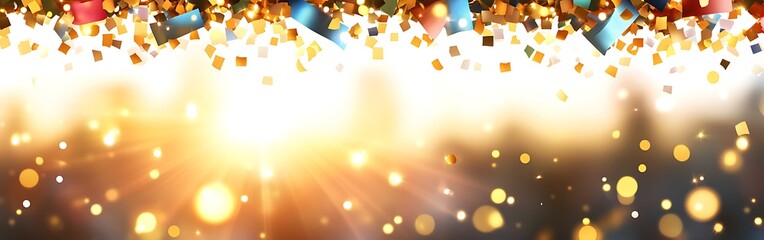 Golden confetti and sparkling light effects create a festive atmosphere
