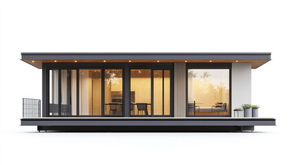 Modern prefabricated house with large windows and minimalistic design