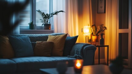 A modern living room with a touch of luxury, featuring plush seating, decorative accents, and soft lighting