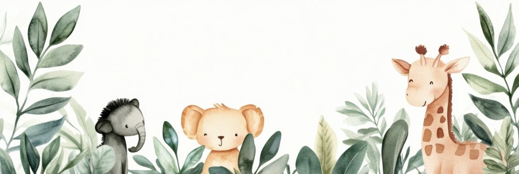 Soft watercolor jungle animals create a calming atmosphere in a neutral baby room theme for a peaceful and playful environment