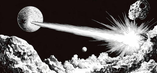 Naklejka premium Comet impacts planet; space rocks explode; cosmic event; science fiction illustration