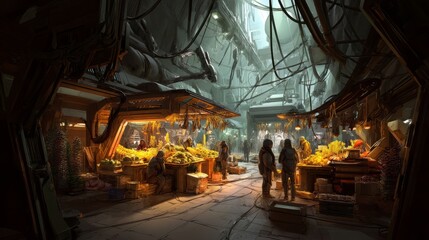 Naklejka premium Space Space Market Scene Alien Glowing Stalls 