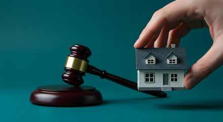 hand holding the wooden house and the judge's hammer. Real estate court decisions. Property inheritance litigation. Establishment of ownership.